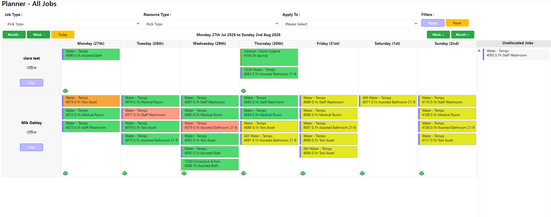 CQCComply compliance planner showing jobs